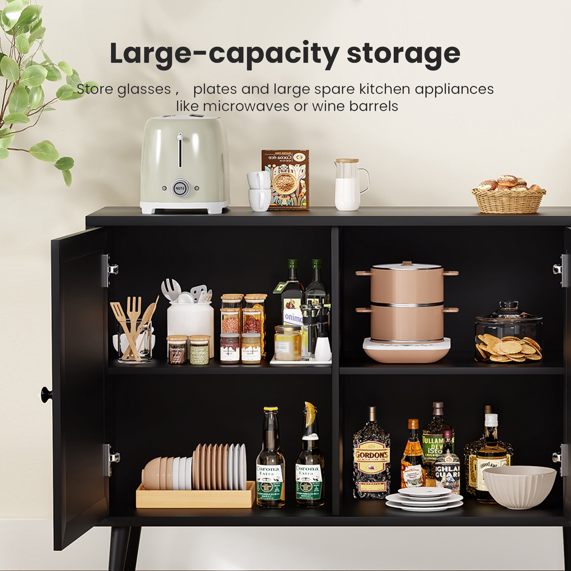 MAYEERTY Black 59*15*31"Modern Sideboard Buffet Cabinet with 3 Rattan Doors for Living Room, Entryway