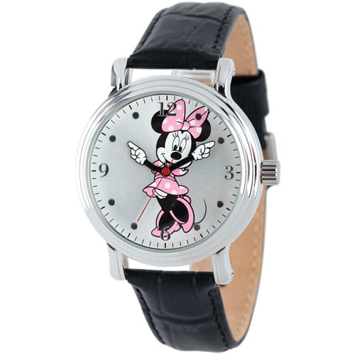 Minnie Mouse Women's Shinny Silver Vintage Articulating Alloy Case Watch, Black Leather Strap