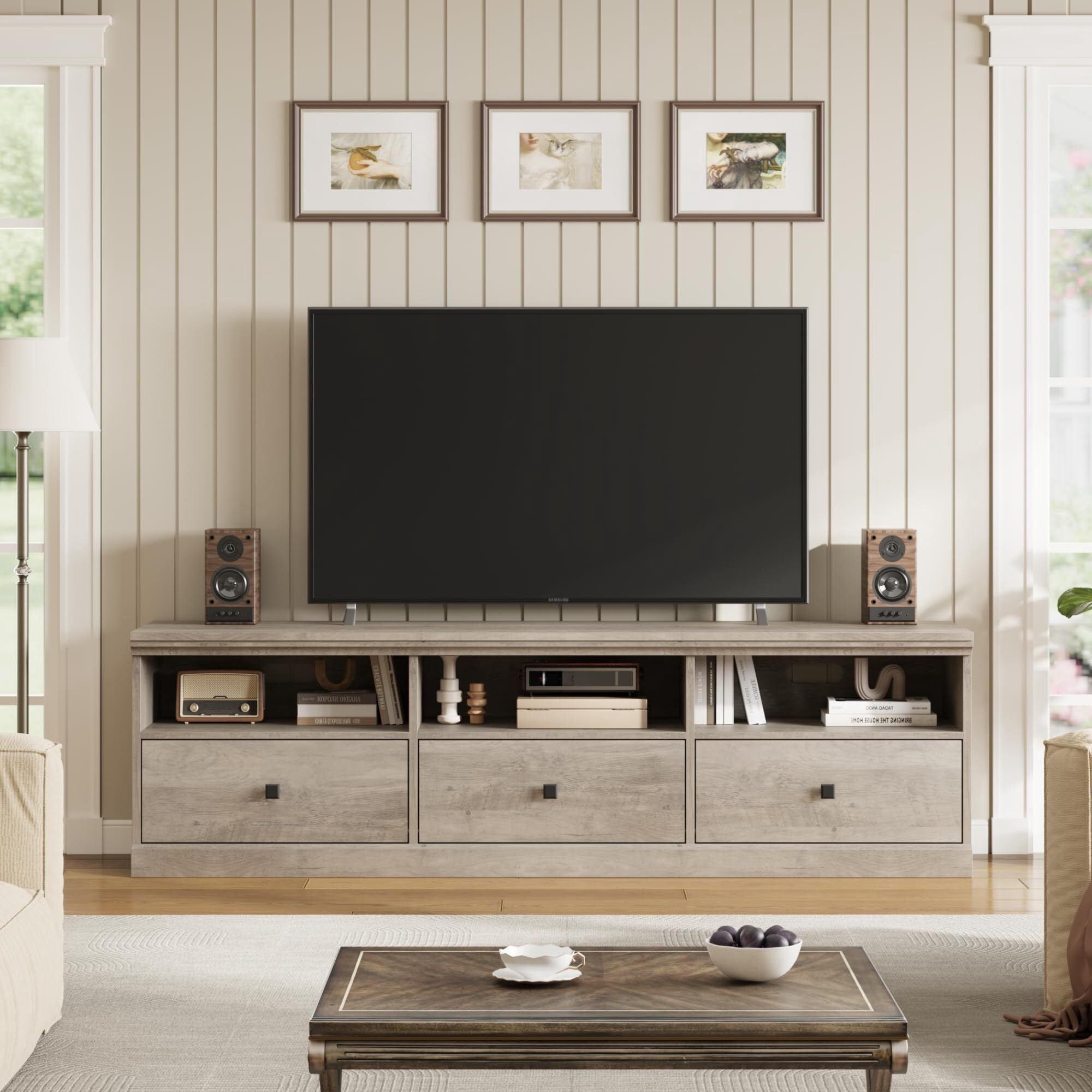 Emorefun 70 Inch Farmhouse TV Stand, Entertainment Center with Storage Drawer & Open Shelves for TVs up to 75 Inch, Gray