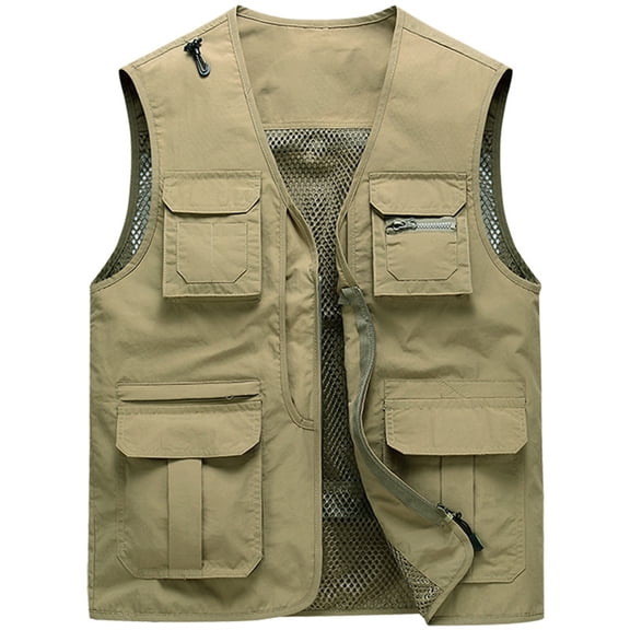 Miluxas Fishing Cargo Vest Jacket Men's Casual Outdoor Work Safari Fishing Travel Photo Cargo Vest Jacket Multi Pockets Khaki 8(XL)