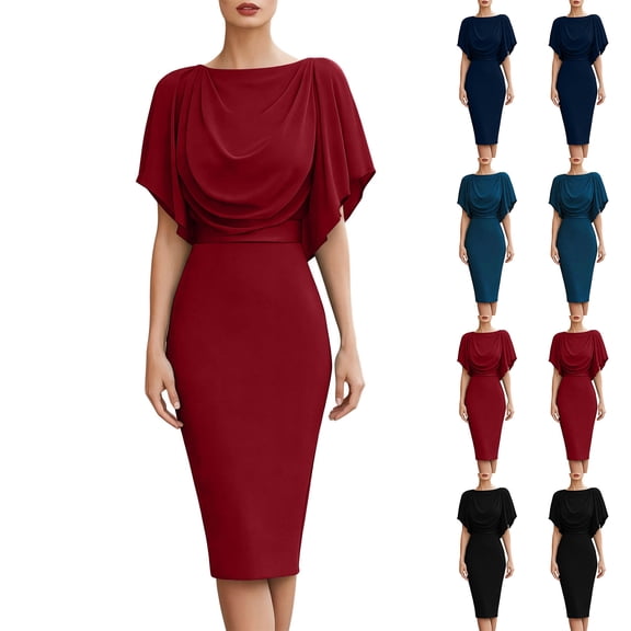 Women Solid Cowl Neck Dolman Short Sleeve Bodycon Midi Dress, High Waist Slimming Knee-Length Pencil Dress, Elegant Stretch formal office Party Wear Dresses Wine XL(XL)
