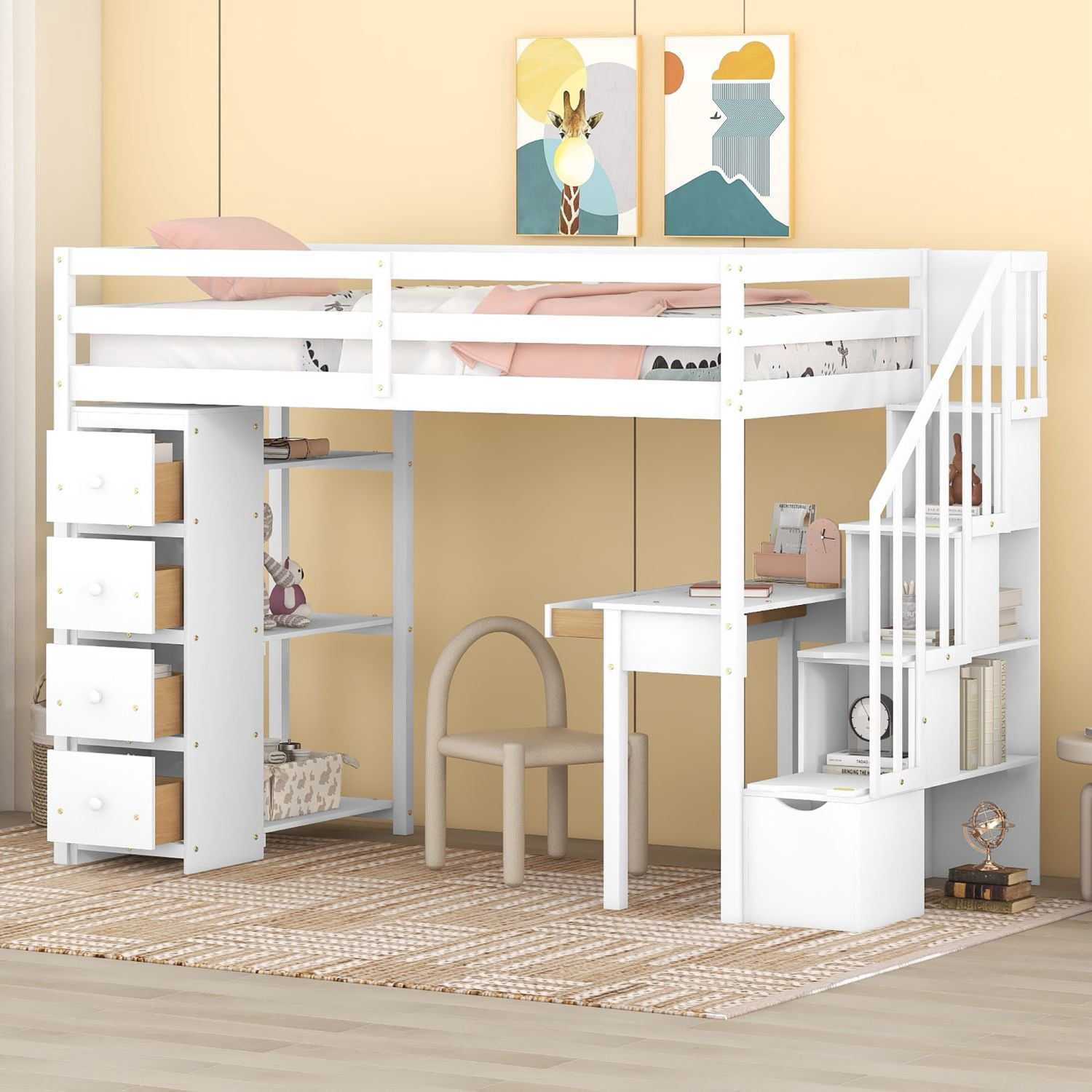 Asteroutdoor Twin Size Loft Bed with Storage Drawers, Desk and Stairs, Wooden Loft Bed with Shelves - White