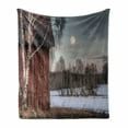 thumbnail image 1 of Country Soft Flannel Fleece Throw Blanket, Moonlight House Trees Winter Season View Barren Nature Themed Composition, Cozy Plush for Indoor and Outdoor Use, 50" x 60", Brown and Beige, by Ambesonne, 1 of 6