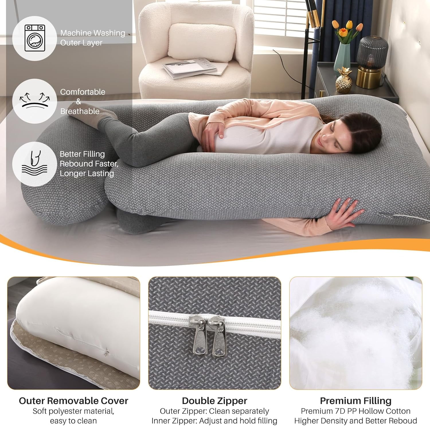 SHANNA J-Shape Pregnancy Pillow Full Body Maternity Pillow for Pregnant Women with Washable Cover for Back Belly Hips Legs Support, 57 * 27.5inch, Dark Gray