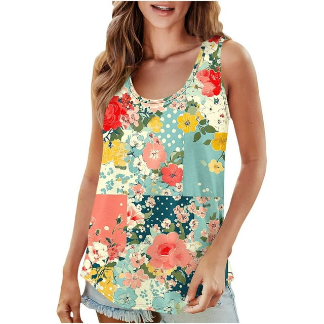 UPPADA Camisoles d'Été pour Femmes à Imprimé Floral, Col Ras du Cou, Sans Manches, Chemises Décontractées à Ourlet Fluide, Jolis T-Shirts, Chemises Coupe Ample, Hauts Confortables Multicolores, TG