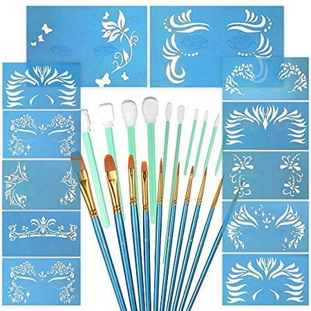 Pixiss 12 Pack Reusable Body Face Stencils Templates, Nylon 10 Round and Pointed Brush Set, 10 Foam Swab Make-up Applicator Sponge Sticks, Body Painting Makeup Tattoo Design (Best Face Painting Designs)