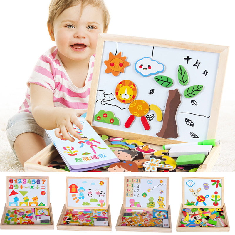 Kids Children Wooden Magnetic Puzzle Whiteboard Drawing Board Creation Toy 