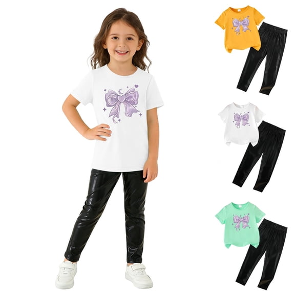 Bixock Toddler Girls Clothes Bow Print Short Sleeve Round Neck Tops and Elastic Waist Leggings Pants 2 Piece Set Summer Outfits Size 2-8Y