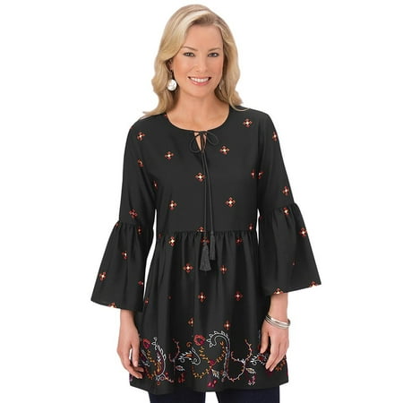 Women's Border Print Bell Sleeve Tunic Top with Scoop Neck, Boho Design, Black, X-Large, Black Multi