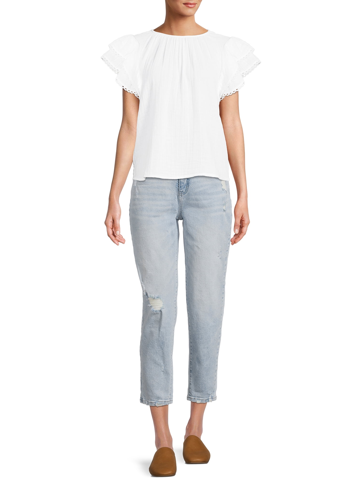 Time and Tru Women's Ruffle Sleeve Top Cotton Blouse & Top, Women's Sizes S-XXL