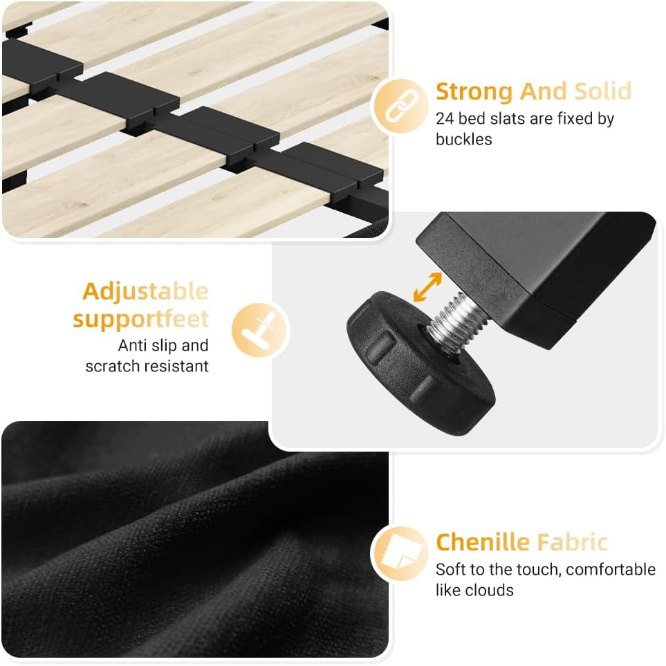 King Size Platform Bed Frame, Upholstered Chenille Tufted Headboard, Heavy Duty Metal, Wood Slat Support, Mattress Foundation, No Box Spring Needed, Noise-Free, Easy Assembly, Bedroom, Black
