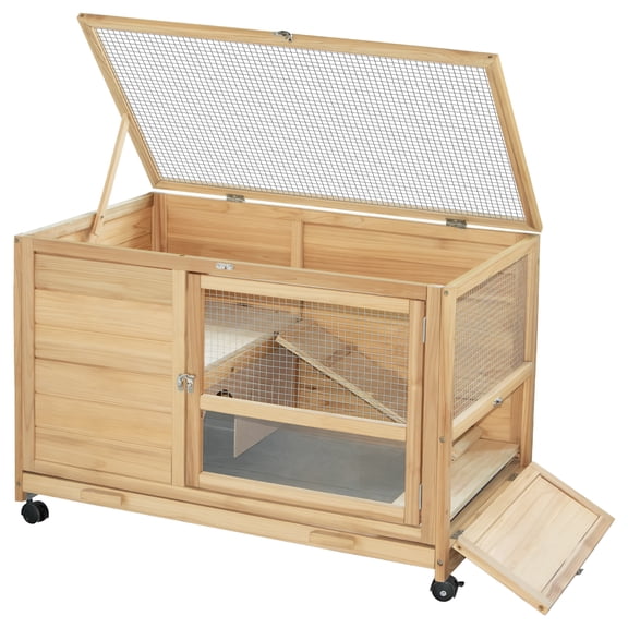 Small Rabbit Hutch, Rabbit Cage Indoor, Bunny Cage on Wheel, Wooden Pet House for Rabbits, Guinea Pigs, Bunny, Small Animal Cage, Pull Out Tray -Natura