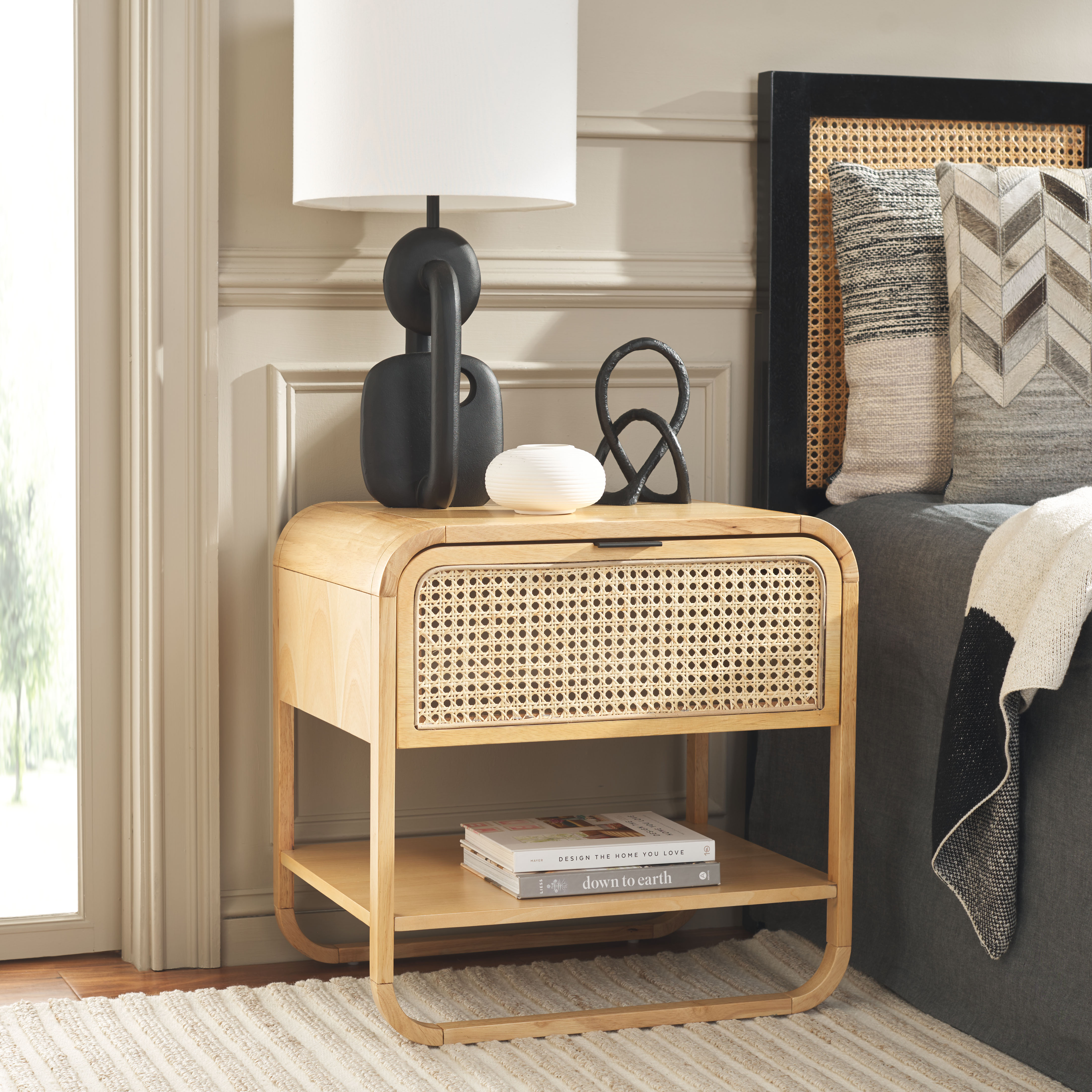 SAFAVIEH Yunis Contemporary 1 Drawer Nightstand,Natural/Natural Rattan