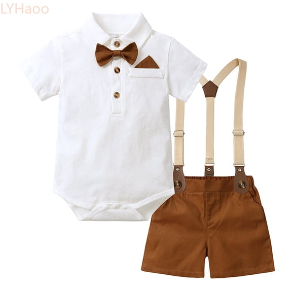 LYHaoo Baby Boys Clothes Suits Short Sleeve Bowtie Romper Top Suspender Shorts Summer Gentleman Birthday Outfits Summer Shorts Set Sizes (2-3 Years)