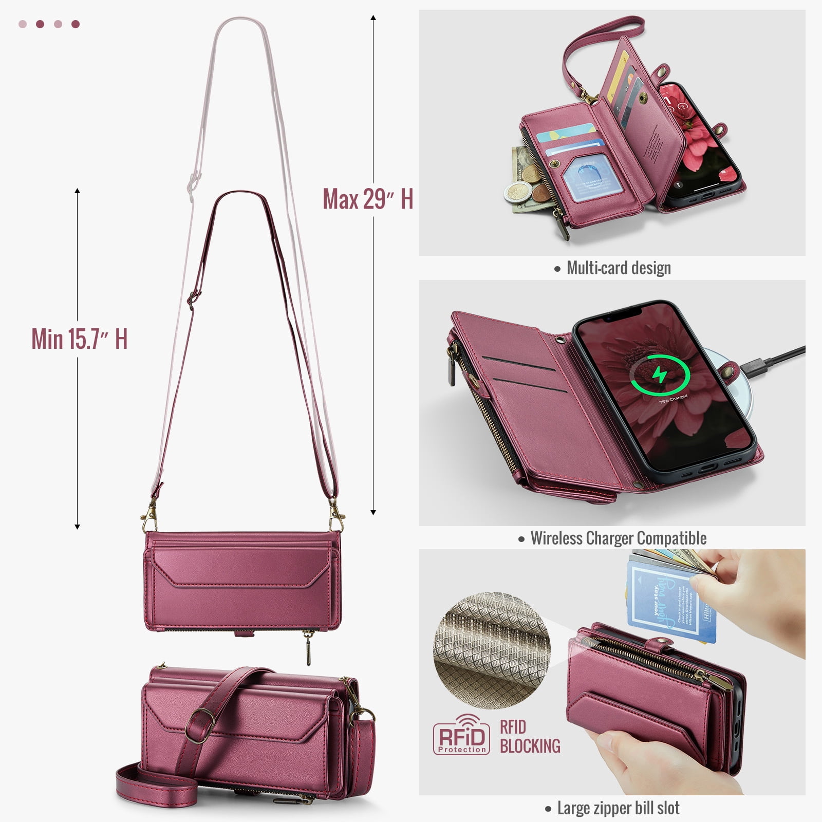 Compatible with iPhone 16e/SE 2025/SE 4 Zipper Wallet Phone Case Tempered Glass Screen Protector Crossbody Lanyard Strap Flip Card Holder Slot Cell Cover for i Phone16e i16e 16 e SE4 Women Wine Red