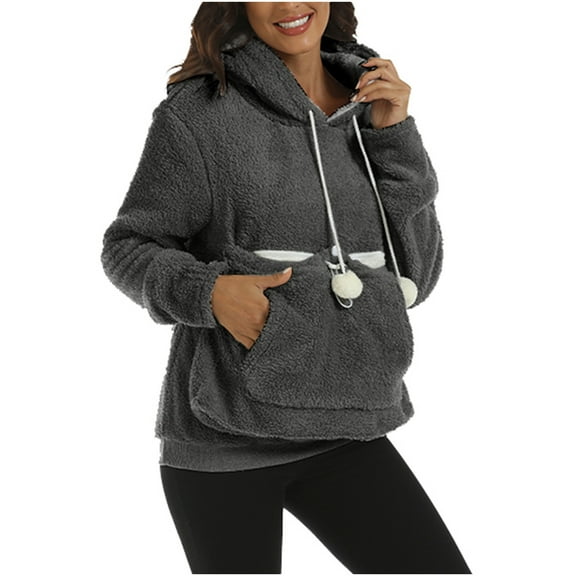 Pet Carrier Hoodies for Women Large Pouch Long Sleeve Sweatshirts Fuffy Fleece Dog Holder Cat Carrier Pullover Tops