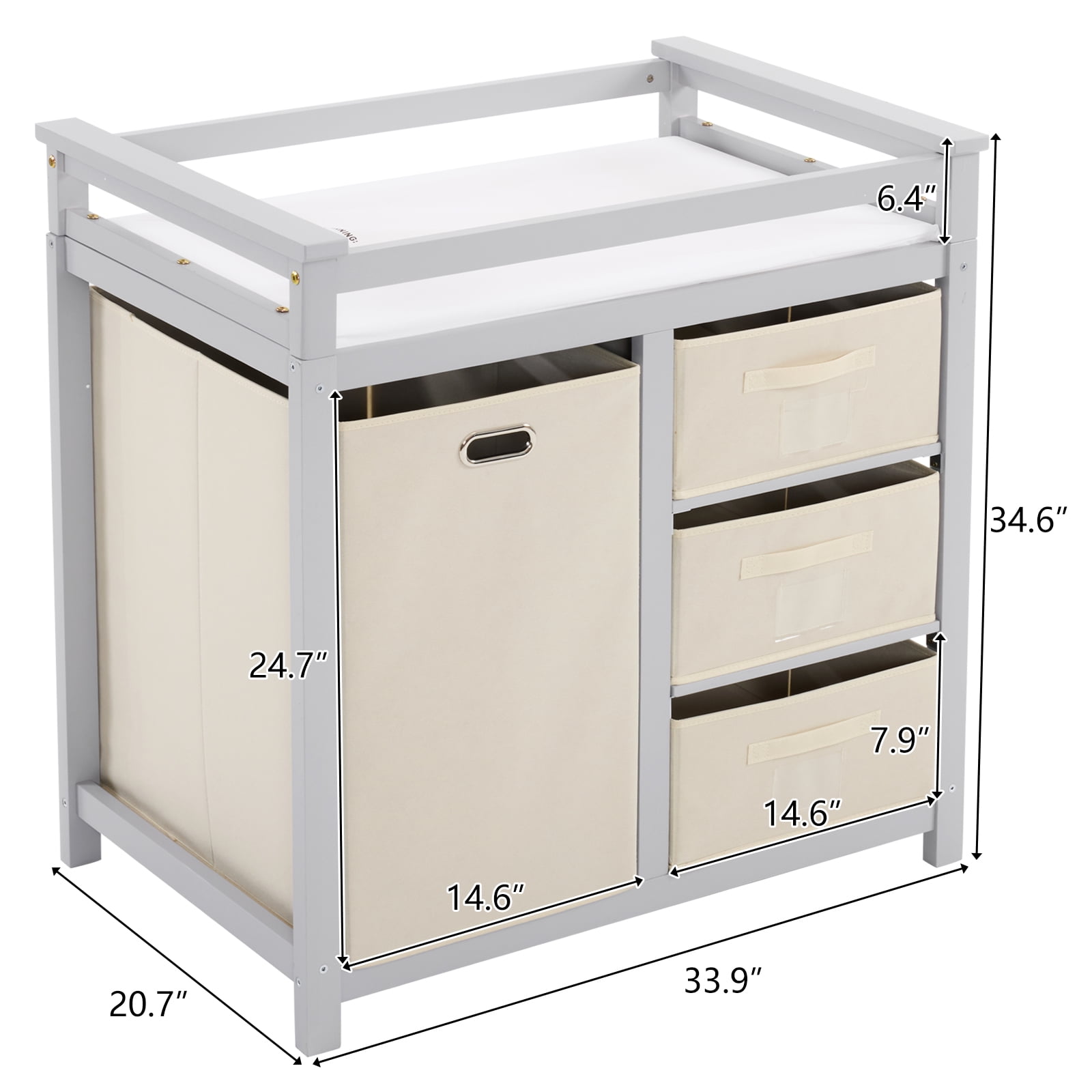 Zimtown Baby Changing Table,Dresser Baby Diaper Changing Station with Laundry Hamper,Infant Nursing Table with 3 Storage Drawers,Removable Safety Rail & Strap for Bedroom,Gray