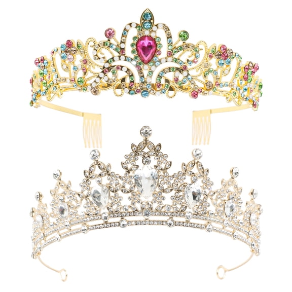 GIRACOA 2-Pack Crystal Rhinestone Bridal Tiara Headpiece with Secure Side Combs, Elegant Gold and White Sparkling Wedding Crown for Bride, Flower Girl, Prom, Birthday, Pageant, Costume Party