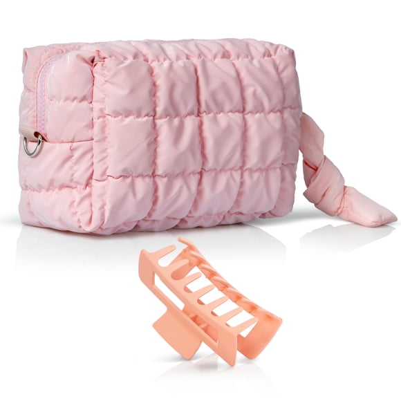 Bolsa de maquillaje PIAKASSO acolchada rosa con pinza para el pelo