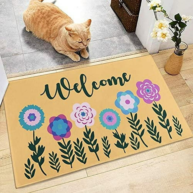 Floral Spring Coir Door Mat for Front Porch, Lavender Flower Outdoor Welcome Mat (30 x 17 inches)
