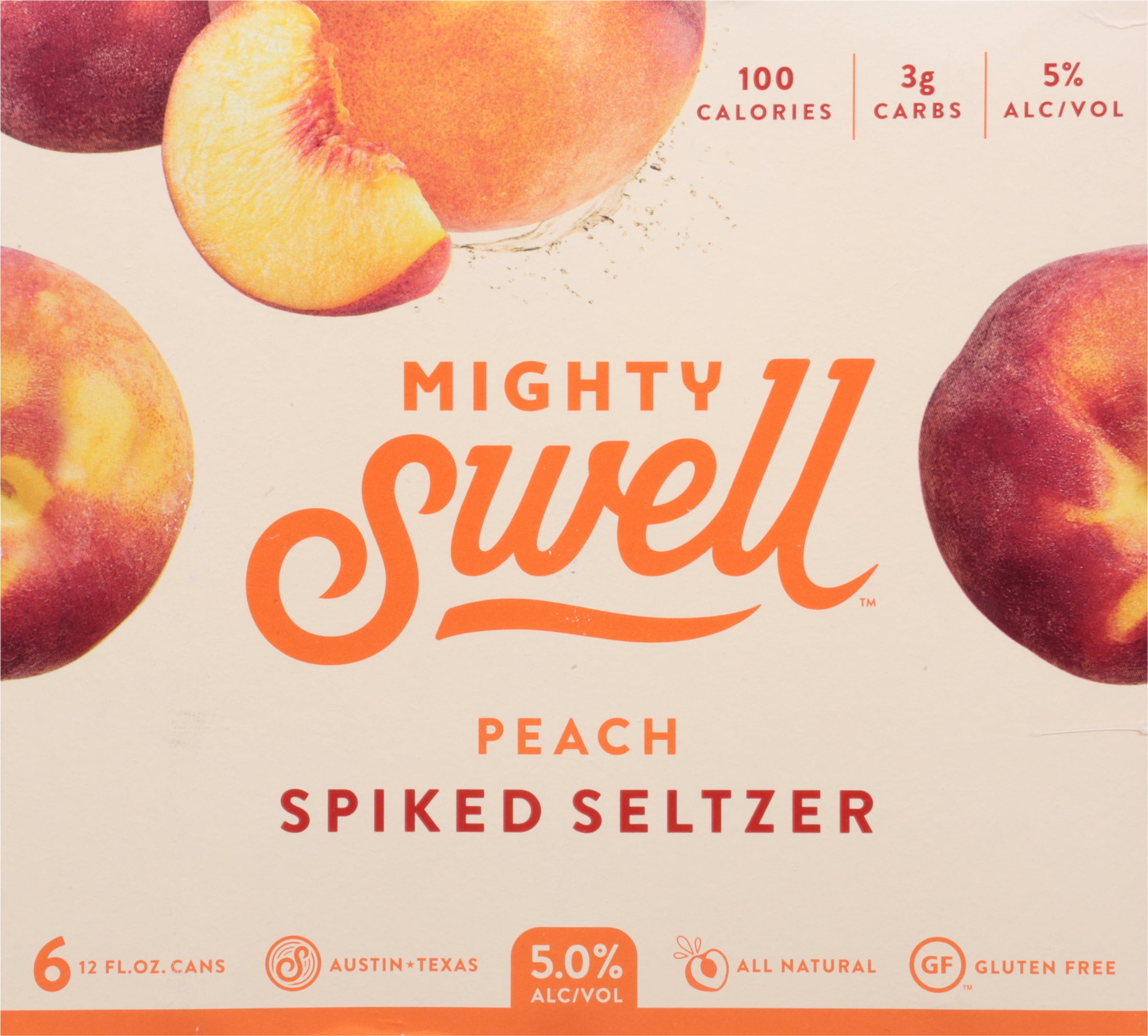 Mighty Swell Peach Flavor, Spiked Seltzer, 5% ABV, 12fl oz Cans, 6 Count 72oz Box