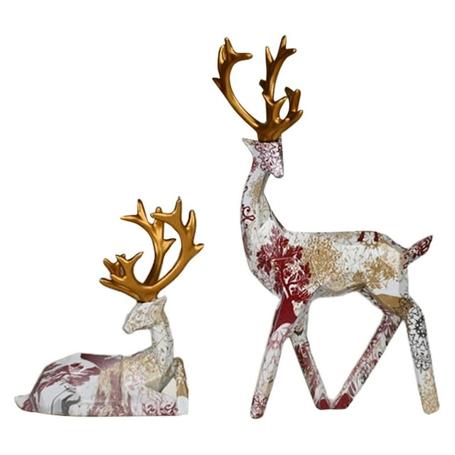 BKER Elegant Pair Of Festive Reindeer Sculptures For Holiday Tabletop Mantel And