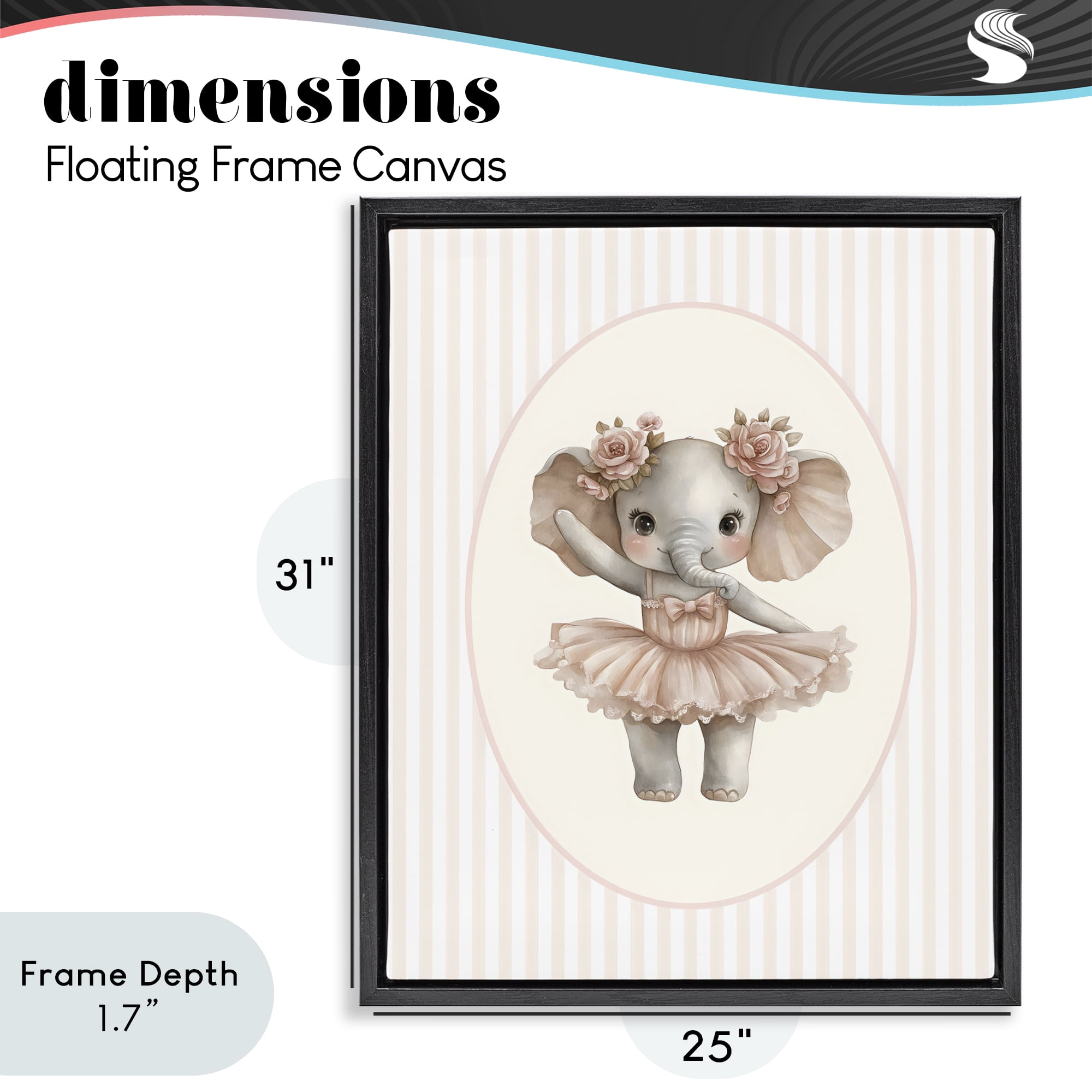 Stupell Industries Nursery Ballerina Elephant Striped Black Framed Floater Canvas Wall Art, design by LSR Design Studio