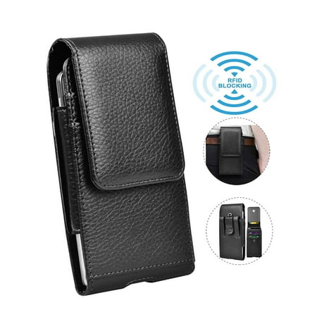 Universal Cell Phone Belt Holster Case, Tekcoo Vertical Leather Belt Clip Pouch Hybrid Carrying Case w/ Snap on Cover for CellPhone up to 6.7" -Black