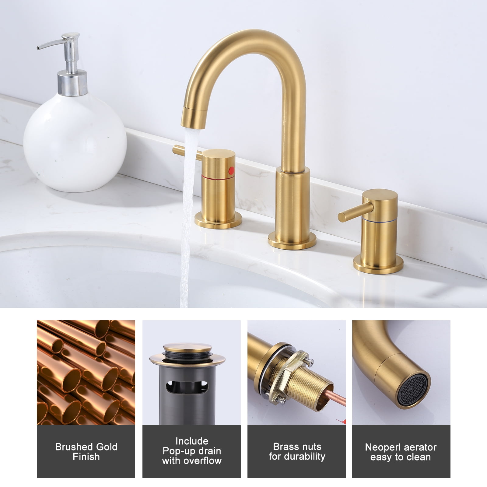 Wowow 2-Handle 6" and 8" Widespread Gold Lavatory Faucet with Supply Hoses & Drain Assembly
