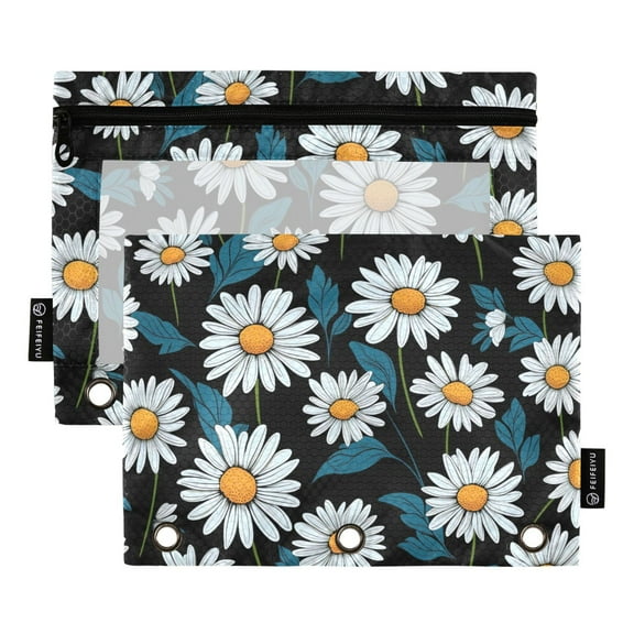 2 Pack Pencil Pouch for 3 Ring Binder Zipper Pencil Case Daisy with Leaves Clear Window Pencil Bag Organizers