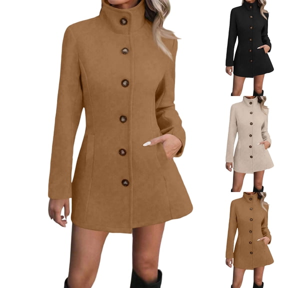 Women's Fashionable Casual Commuting Stand Up Collar Woolen Top Coat for Work Wear, Winter Style, and Holiday Parties,Beige,L