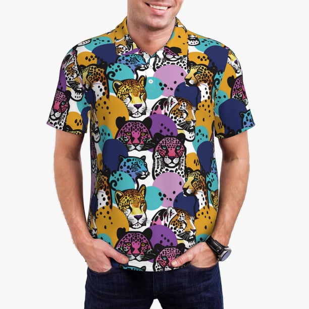 Balery Retro Panther Camisa Polo de Hombre con Estampado, de Manga Corta y Tejido Medio, Camisa Tipo Golf Polo-Large