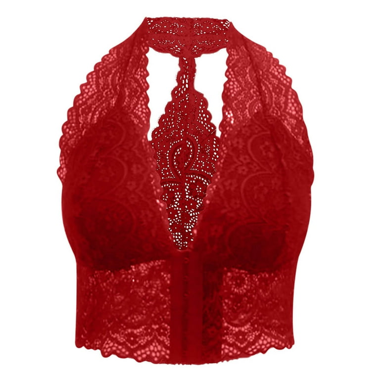 YYDGH Women's High Neck Deep V Lace Bralette Padded Lace Wireless Halter Bra  Hollow Out Floral Crop Top Vest Bra Red S 