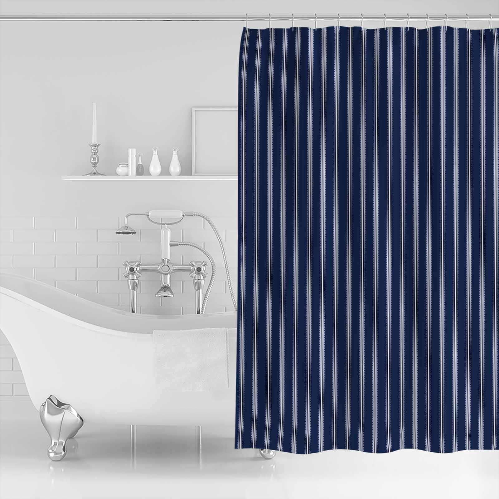 72x78 Inch Shower Curtain Navy Blue Striped Bathroom Decor Waterproof Fabric Bathtub Bath Curtains Decorative Navy Blue White Farmhouse Stripes Extra Long Shower Curtain Set with Hooks
