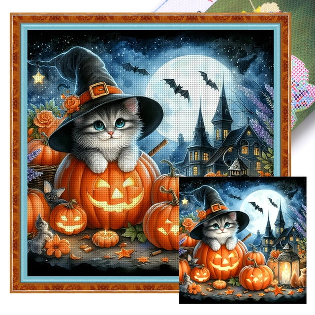 Hilo Algodón Ecológico Bordado 11CT Bruja Y Gato Halloween 40x40cm