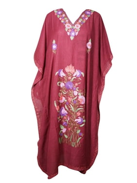 Mogul Women Maroon Cotton Blend Floral Embroidered Kaftan Maxi Dress Embellished House dress Kimono Long Caftan 3XL