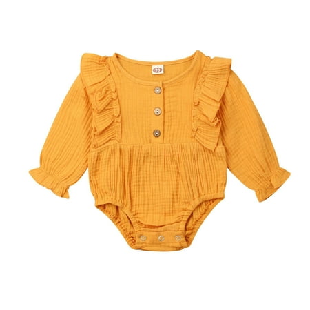 

Baby Girl Romper Autumn Winter Casual Ruffles Solid Color Cotton Linen One-Piece Breathable Bodysuit