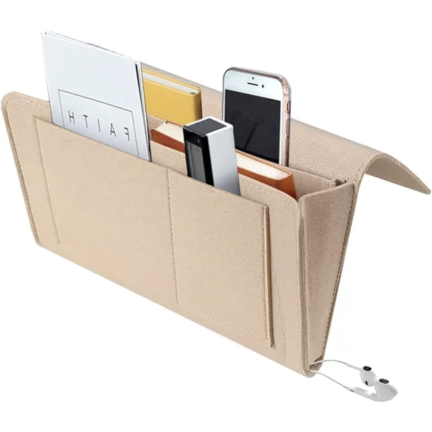 Organizador de mesita de noche con bolsillo de fieltro para cama, organizador de almacenamiento para reposabrazos de sofá para anteojos, teléfono, control remoto, tableta, libro (beige)