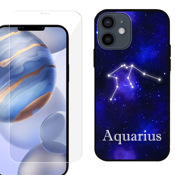 Slim-Fit Protective Phone Case (Black) compatible with iPhone 12 / iPhone 12 Pro, with Tempered Glass Screen Protector, by OneToughShield ® - Zodiac / Aquarius