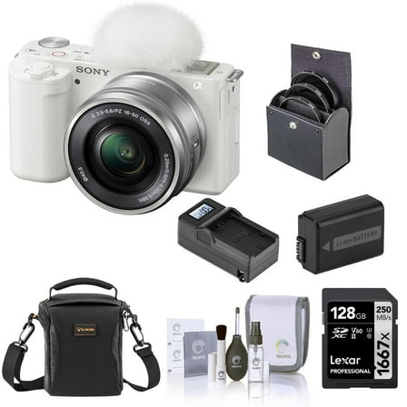Sony Sony ZV-E10 Mirrorless Vlog Camera with 16-50mm Lens, White - Bundle with 128GB SD Card, Shoulder Bag, Extra Battery, Charger, 40.5mm Filter Kit, Cleaning Kit