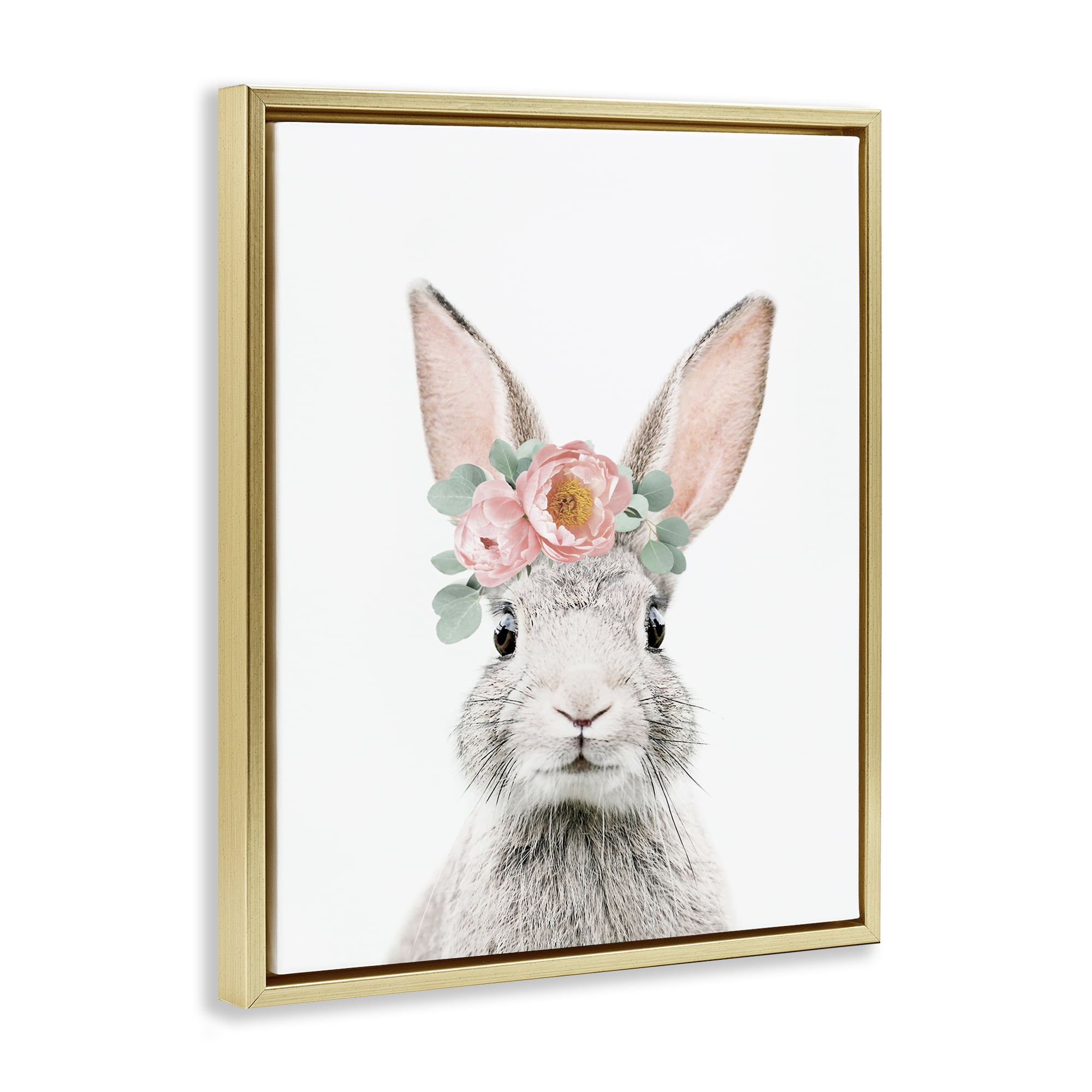 Stupell Industries Pink Flower Bunny Animals Painting Gold Floater Framed Canvas Art Print Wall Art, 17 x 21