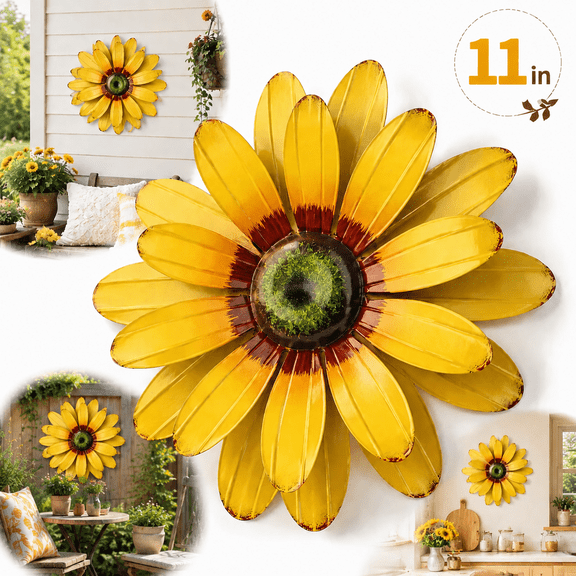 Sunflower Garden Decor, 11'' Metal Flower Wall Decor, Yard Hanging Wall Art Decorations for Kitchen, Bathroom, Living Room, Spring Boho Art for Indoor Outdoor
