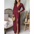 thumbnail image 4 of Odeerbi Solid Color Dress for Women 2025 Fashion Solid Color V-Neck Long Ankle Sleeve High Waist Dress Skirt Burgundy, 4 of 8
