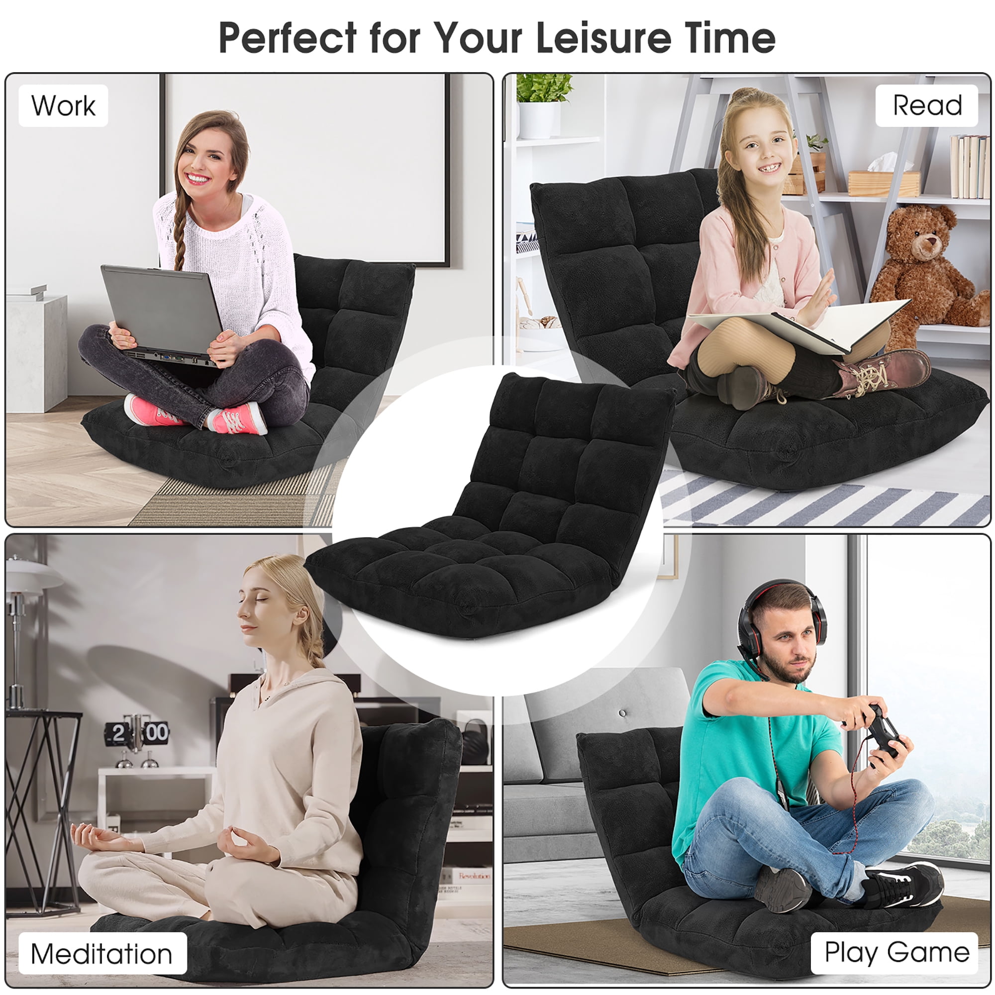 Costway Adjustable 14-Position Floor Chair Folding Lazy Sofas & Couches Cushioned-Black