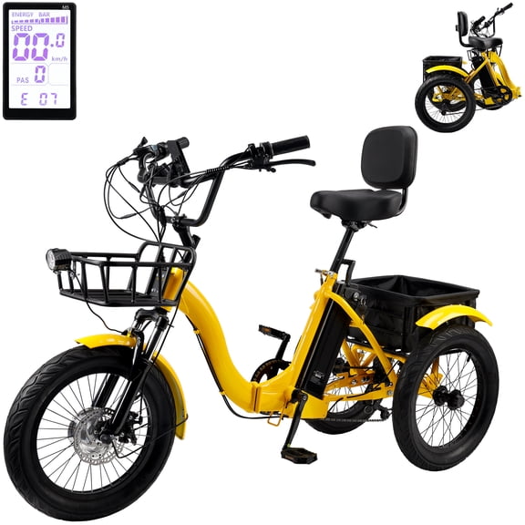 Electric Tricycle for Adults, 18-inch Fat Tire Electric Trike, 3 Wheel Folding Electric Tricycle, 22MPH 27Miles Long Range 7 Speed Ebike, Yellow