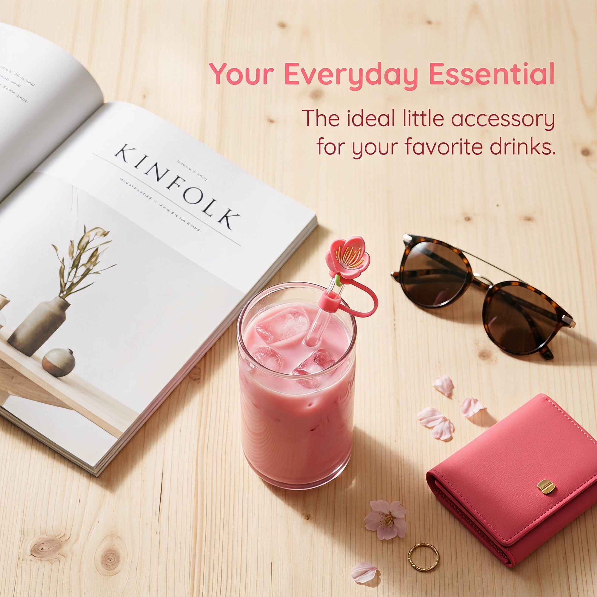 Unique Bargains Floral Silicone Straw Caps Reusable Dust-Proof Toppers Rose Red D