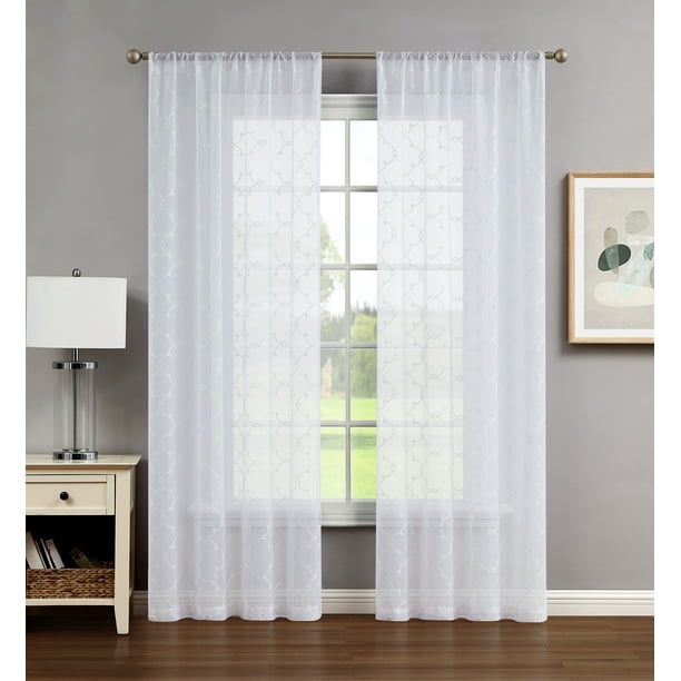 White Embroidered Sheer Window Curtain Pair w Tiebacks, 38x96, Selena ...