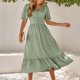 thumbnail image 2 of Vestido de verano casual con cuello en V y manga corta con volantes para mujer, vestido midi con cintura fruncida y lunares suizos para fiesta, 2 of 8