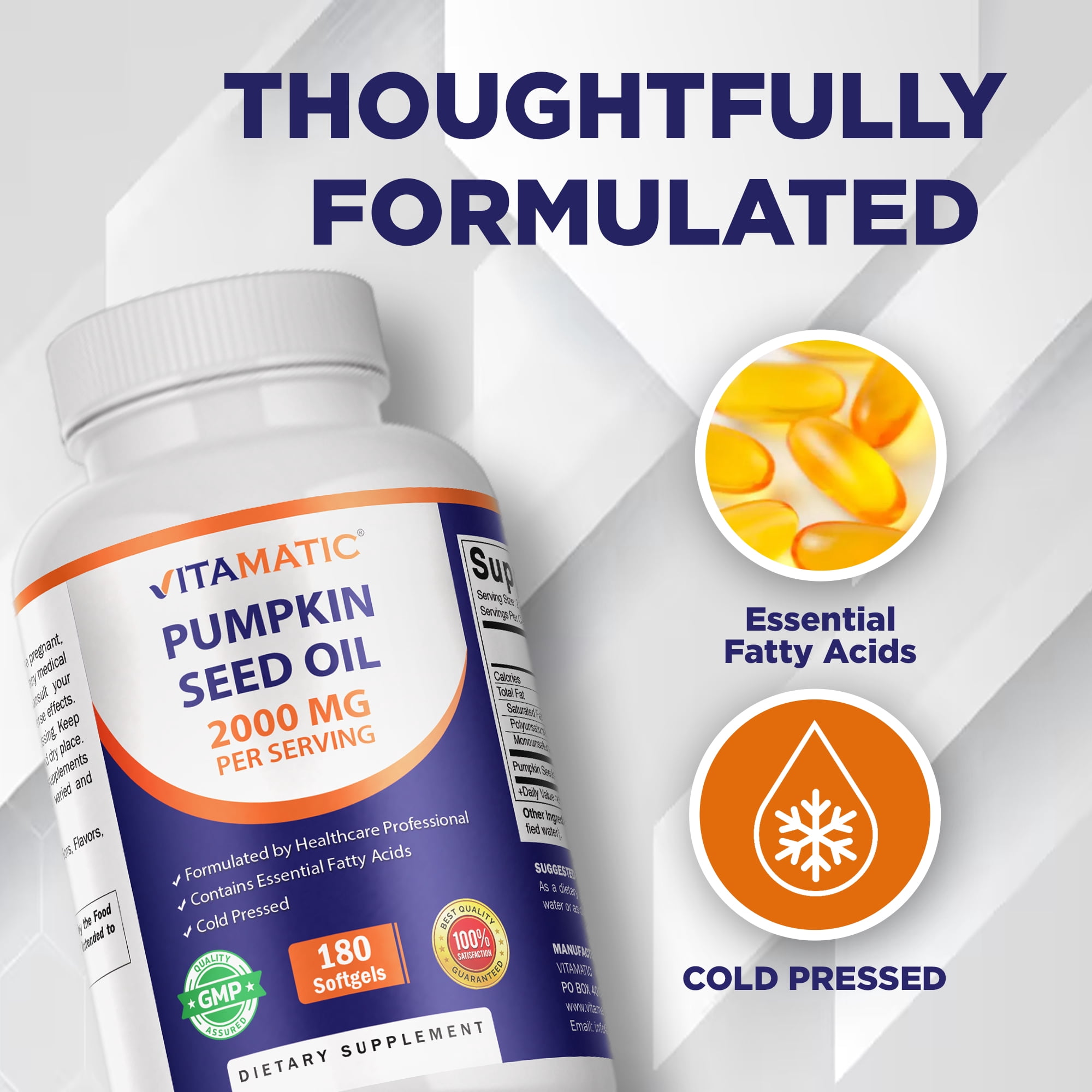 2 Pack - Vitamatic Pumpkin Seed Oil 2000mg Softgel Capsules per serving - 180 Softgels - (1000 mg per Softgels) (Total 360 softgels)