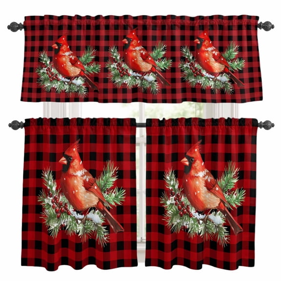 Christmas Cardinal Birds Kitchen Curtains Sets for Windows 36 Inch Length, Buffalo Checker Xmas Pine Tree Rod Pocket Window Treatments Tier Curtains and Valances Set for Bedroom/Bathroom